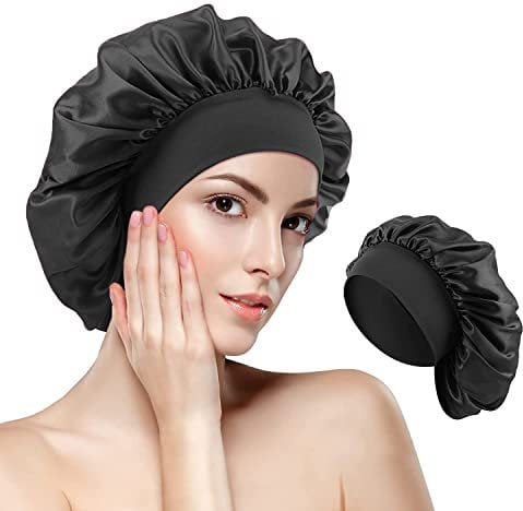 EHIOG Seidenhaube zum Schlafen – Atmungsaktive, Verstellbare Schlafhaube aus Satin für Locken, Damen & Mädchen, Doppellagiges Silk Bonnet (Schwarz)