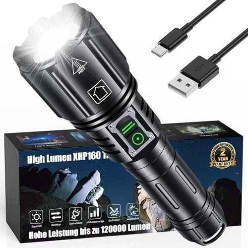 inverkey Taschenlampe LED Wiederaufladbar, Extrem Hell 120000 Lumen, USB Wiederaufladbare Taschenlampen, XHP160 Taktische Taschenlampe mit 6 Lichtmodi, IP67 Wasserdicht füR Outdoor Camping NotfäLle