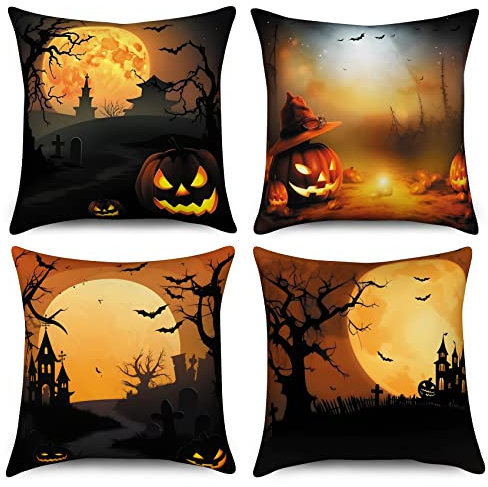 Hnmdmyi Halloween Kissenbezug 45x45 4er Set, Spooky Kürbis Vollmond Schloss Toter Baum Fledermaus Dekorative Kissenbezüge Schwarz Orange Leinen Kissenhülle für Sofa Couch Bett Outdoor Home Decor