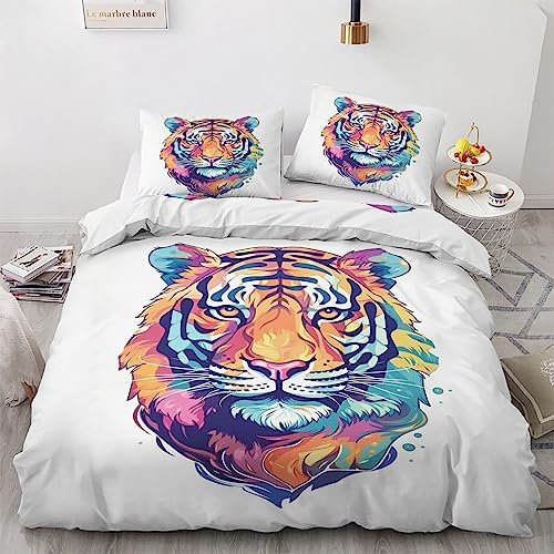 GEDAEUBA Tiger Bettwäsche 155x220 Sommer - Wilde Tiere Bettbezug 155x220 3 teilig, Wendebettwäsche und Kissenbezug 80x80, Weiche & Atmungsaktive Mikrofaser Bettwäsche-Sets mit Reißverschluss