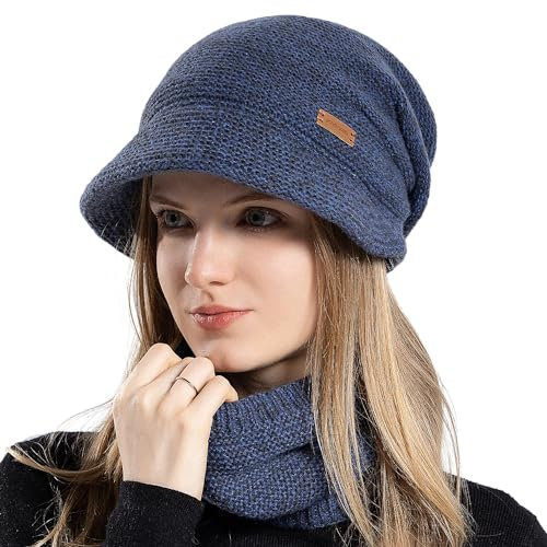 WANYIG Damen Wintermütze Strickmütze mit Schal mit Schal Herbst Damenmützen Winter Schal und Mütze Set mit Visier/Weichem Innenfutter Gefütterte (Marineblau)