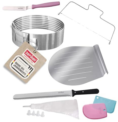 Zenker Premium Backset – Ultimatives 13-Teiliges Back- und Dekorationsset in Trendfarben mit Teigkarten, Spritzbeutel, Tortenbodenschneider und Mehr für Hobbybäcker