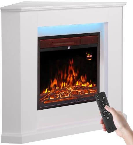 Bakaji Elektrischer Eckkamin mit Holzrahmen, 2000 W, komplett mit Eckschrank, leise, modernes Design, Wandheizung, Einbaustrahler mit LEDs in 7 Farben (Zürich)