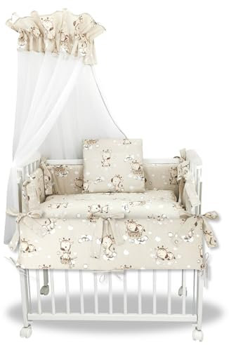 Baby Delux Beistellbett Set Babybett Komplett Set Stubenwagen weiß 90x40 mobil mit Rädern inkl. Bettwäsche Matratze (Giraffe beige)