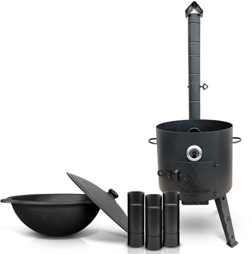 Gusseisen Kazan 16 L Kasan Казан mit Feuerofen Utschak Ø 44 cm runder Boden Thermometer Verlängerungsrohr Учак Учаг Uchag Asia (Set 1)