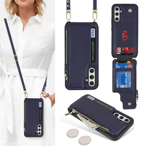 SailorTech Handyhülle für Samsung Galaxy A54 5G Etui mit Kartenfach, Samsung Galaxy A54 5G Hülle mit Verstellbarer Halskette, Samsung A54 5G Handytasche mit Reißverschluss Geldbörse-Blau