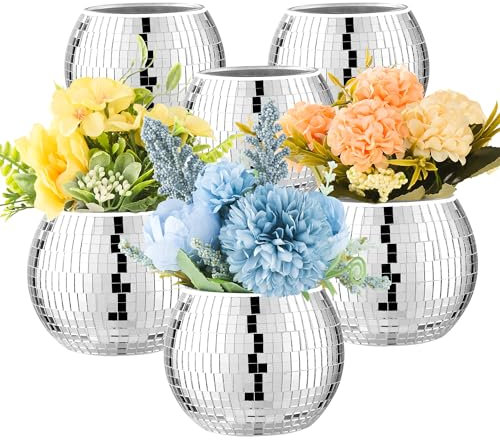 6 Pcs Disco Ball Vase Disco Ball Planter for Centerpieces Disco Ball Decor Flower Vase with Silver Mirror Glass for Wedding, Birthday, Party (3 X 4)