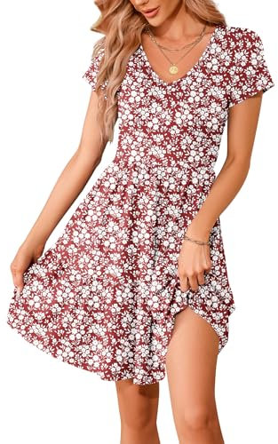 WNEEDU Women's Summer Dress V Neck Short Sleeve Casual Dress Pleated Hem Knee Length T-Shirt Dresses with Pockets Floral Red M
