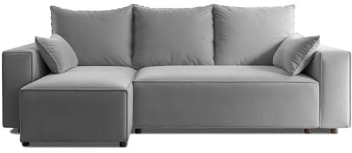 4ALL HOME Ecksofa mit Schlaffunktion Tobi 246x145 cm - Couch - Sofa mit Bettkasten - Eckcouch - L-Form - Schlaffsofa - Schlafsofa mit Bettkasten - Universal (Velo 633 Hellgrau)