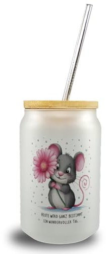 speecheese Maus mit Blume Trinkglas mit Bambusdeckel - wundervoller Tag lustiges Glas für fröhliche Anlässe mit niedlichem Mäuschen