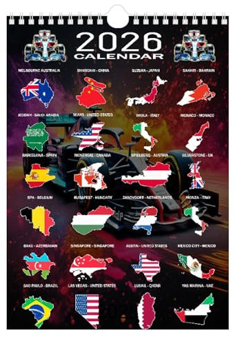 Formel-Renn-Wandkalender 2026, A4-Größe, Anzeige von Fahrergeburtstagen, internationalen Rennstandorten