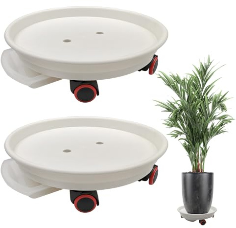 2 Stück Pflanzenroller mit Rädern, 35cm Schwerer Pflanzentisch mit Wasserwanne – Tragfähigkeit 36 kg (White, 35cm)