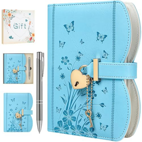 HwxBen Journal intime avec cadenas et clé – Coffret cadeau fille 8 à 13 ans, carnet secret avec stylo et marque-page, rechargeable format B6, 244 pages, Indigo