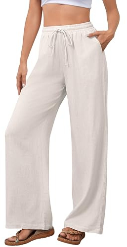 NONSAR Pantaloni da Donna in Cotone per Il Tempo Libero con Coulisse in Lino Elasticizzati Casual vestibilità Larga con Tasche Leggeri Tinta Unita(Beige.,M)