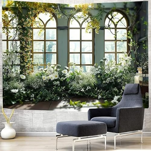 Fototapete Fensterblick 3D Effekt Vliestapete Blüte Foto Tapete Wohnzimmer Schlafzimmer Flur Wandtapete Motivtapeten Bildtapete Wand Deko 450x315 cm 1256b