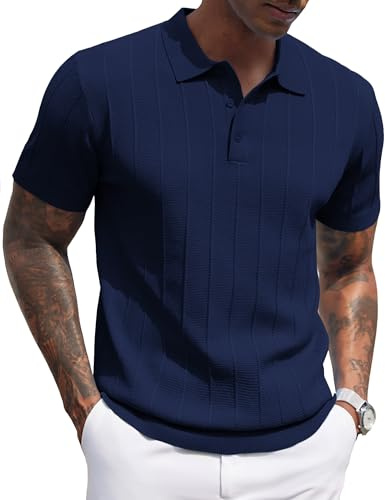 COOFANDY Chemises Polo pour Homme à Manches Courtes Été Tricotées Designer avec Boutons Golf Travail Hauts Décontracté Élégant Bleu Marine L