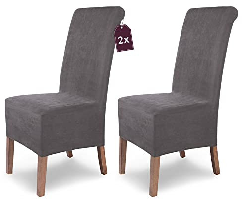 SCHEFFLER-Home Stuhlhussen 2er Set Leon Grau/elastische Wildleder Hussen für Stühle/Robustes Freischwinger Hussen Set/Stuhlhussen Stretch & Lederoptik/Stuhl Hussen waschbar