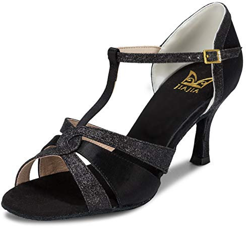 JIAJIA 20519 Women's Satin Sandals Flared Heel Latin Salsa Performance Dance Shoes Colour Black,Size 5.5 UK/39 EU