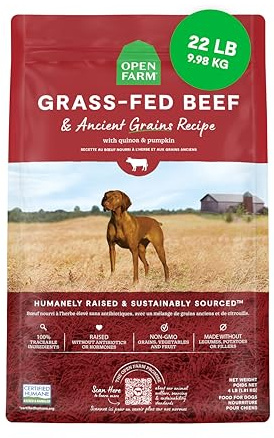 Open Farm Ancient Grains Dry Dog Food, Grass-Fed Beef Kibble, 22lb Bag