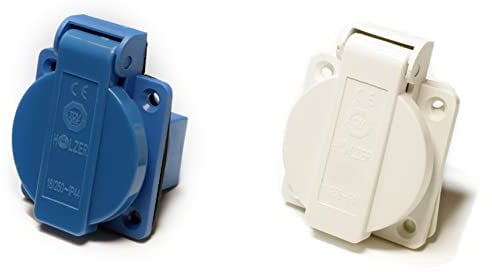 HOLZER 8 Stück/Einbausteckdose Schuko Anbau Steckdose 16A Feuchtraum / PA6 / + Flansch Dichtung (4xBlau / 4xWeiss)