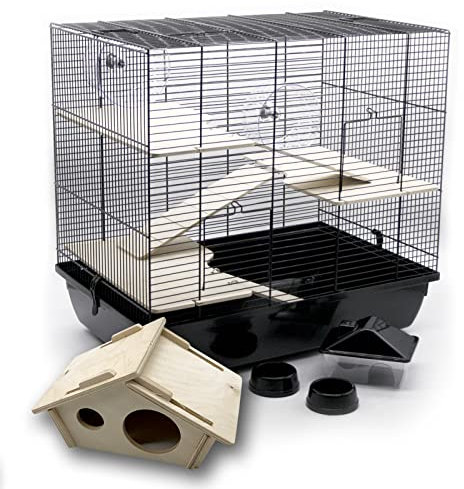 ZooPaul Premium Nagerkäfig Kleintiere schwarz inkl. Zubehör aus Holz 60x36x54 cm Maus Hamsterkäfig