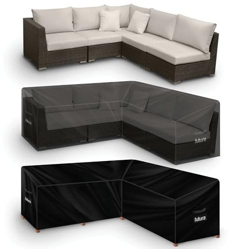 Futura Premium V Shaped Garden Furniture Covers Waterproof 255x255x80cm, Heavy Duty 600D Oxford Fabric Outdoor Rattan Corner Sofa Cover, PVC Lined, Air Vents and UV Safe