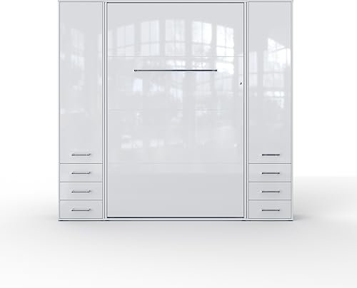 MAXIMAHOUSE Schrankbett vertikal Invento LED 120V (120x200) mit Regalen IN07 (Weiß/Weiß Glanz)