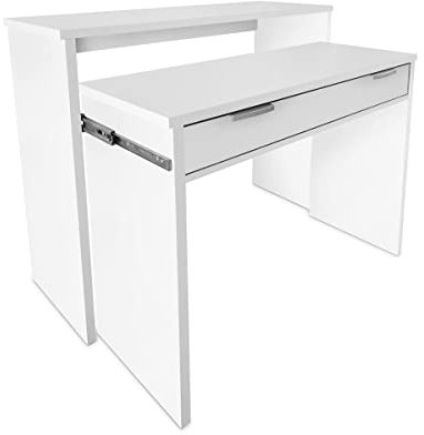 mattfy - Mesa de Escritorio Totalmente Extensible, Mesas para Ordenador, Color Blanco, Práctica y Funcional, Medidas: 90 cm (Ancho) x 33/64 cm (Fondo) x 73/86,5 cm (Alto)