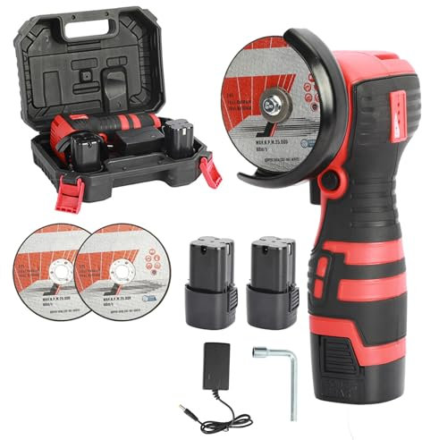 Angle Grinder Cordless, 18V 550W Electric Mini Angle Grinder Electric Polishing Machine for Cutting Grinding Polishing, Battery Grinder 76mm Side Disc Grinder Tool with 2 Grindering Wheel (Red)