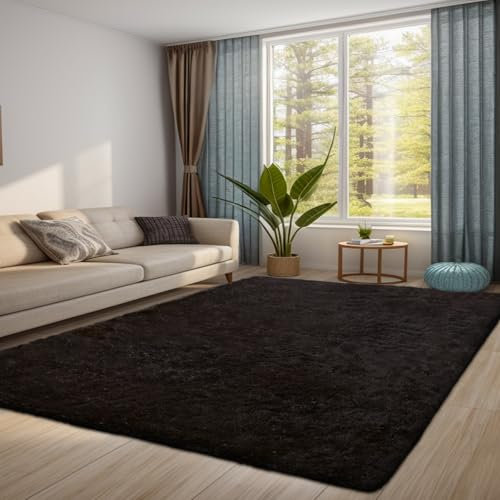 QUINZI Teppich Wohnzimmer Schlafzimmer weicher zotteliger Teppich moderner Flauschiger Teppiche Rutschfester waschbarer (Schwarz, 120x180cm)