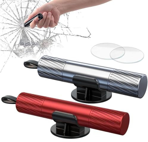 Amacoam 2 en 1 Brise-Vitre Brise Vitre Coupe Ceinture, Marteau d’Urgence, Coupe-Ceintures et Marteaux Outil de Sauvetage d'urgence pour Sécurité Voiture Lot de 2 (Rouge+ Argent)