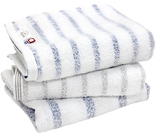 HIORIE Imabari Handtuch, 3-teiliges Set, Japanische Handtücher, Streifen, Saugfähig, Schnell Trocknend, Dünn, 2 Stück Blau + 1 Stück Grau