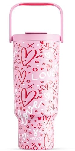 Meoky 40 oz Tumbler with Handle and Straw, Insulated Water Bottle, Stainless Steel Travel Mug, Keeps Cold for 34 Hours, 100% Leak Proof, Fits in Car Cup Holder (Fancy)