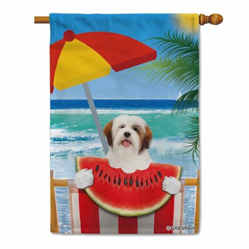 GABSHAIM Lhasa Apso Puppy Eat Watermelon On The Beach House Flagge Happy Summer Palme Decor Banner 71,1 x 101,6 cm, doppelseitig