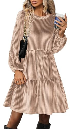 Zeagoo Women's Velvet Elegant Long Sleeve Dress - Soft Solid Color Winter A-Line Shiny Party Dress With Lantern Sleeves and Round Neck - Champagne S