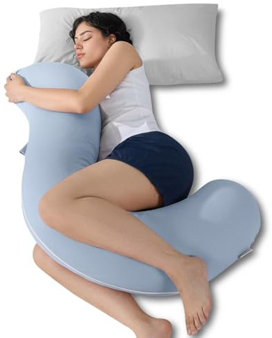 QUEEN ROSE Cooling Body Pillow, Full Body Support Pillow for Side Sleepers, Soft S Shaped Hug Pillow for Adults, with Removable Pillowcase, Blue