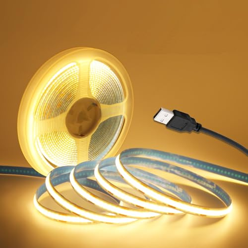 KISUFU 5V USB COB LED Strip Light, 8MM 320 LEDs/m LED Tape Lights High Brightness Flexible USB Powered Strip Light for TV Backlight, Cupboard, Mirror, Wardrobe, Home Decor