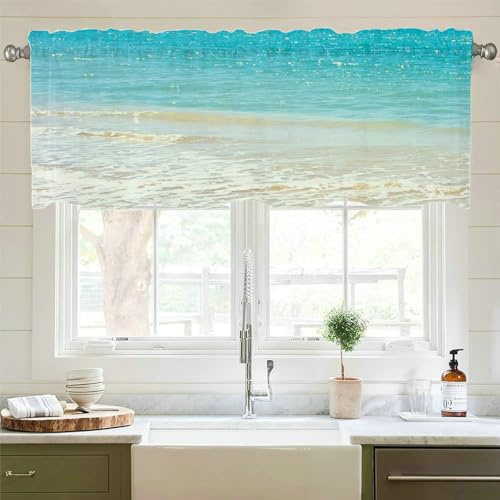 Beydodo Scheibengardine Bistrogardine Landschaft, Vorhang Kurz Fenster 137x45CM Bedruckt Blauer Himmel Strand Muster Küchengardine Blickdicht, 1 Stück