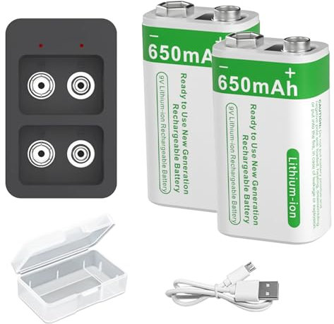 Rechargeable 9V Batteries with Charger and USB Cable 650mAh (5850mWh) Rechargeable Lithium battery for Smoke Detector, Multimeter, Remote Controller, Wireless Microphone, Electric Guitar (2 Pcs)