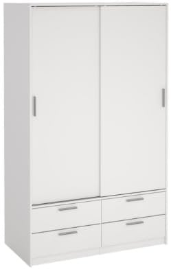 Double Sliding 2 Door Mirrored Wardrobe with 4 Drawers, Hanging Rails & Shelves Storage Cabinet for Bedroom in white