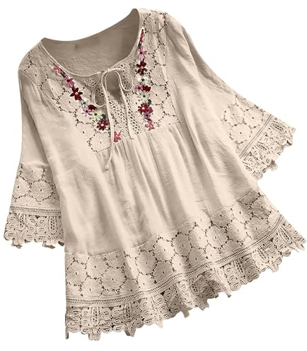 Cocila Camicia in Lino per Donna Ricamata - 3/4 Maniche Colletto Maglietta da Camicetta A Tre Quarti con Scollo V E Patchwork Pizzo Abbigliamento Camicie (Navy, XXXXXL) Elegante Blusa Maglie