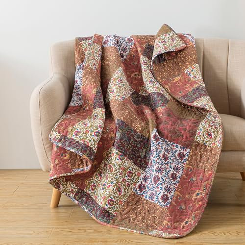 SLPR Red Riches Herbstdecke, gesteppt, 127 x 152,4 cm, braunes und rostfarbenes Blumenmuster für Couch und Bett, Herbstrot getönte Patchwork-Steppdecke