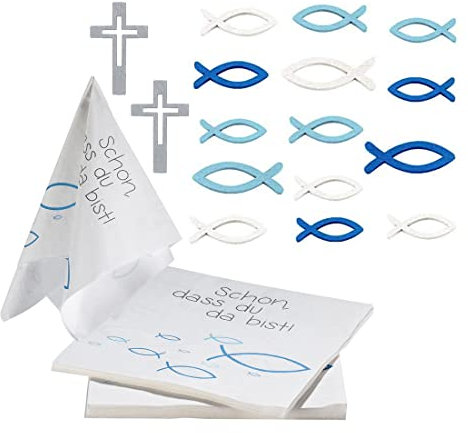 KOHMUI 60 Stücke Holz Fische Deko und 20 Servietten 'Schön, DASS du da bist!', Blau Weiß Dekoration Tischdeko für Taufe, Kommunion Konfirmation oder andere Festliche Anlässe