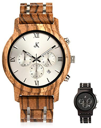 Kim Johanson Herren Holz-Edelstahl Armbanduhr *Air Force* in Hellbraun & Dunkelbraun Chronograph mit Einem Gliederarmband Handgefertigt Quarz Analog Uhr inkl. Geschenkbox (Hellbraun)
