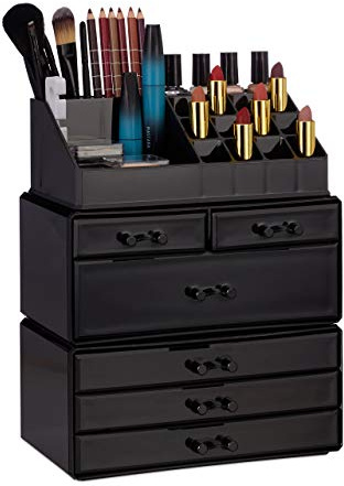 Relaxdays 2x Contenitore per Cosmetici a 6 Cassetti, 22 Scomparti, Make Up Organizer, Porta-Trucchi, Acrilico, Nero