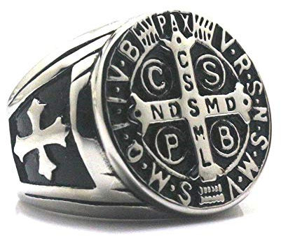 BlackAmazement 316L Edelstahl Siegel Ring Kreuz Benediktussegen Zachariassegen Benediktuskreuz Segensformel Schutz Silber Gold Herren (Silber, 57 (18.1))