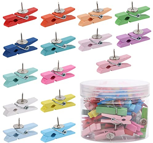 50Pcs Wooden Clips Push Pins Tacks for Cork Board Artwork for Crafts Arts Projects Photo Supplies(Colorful)