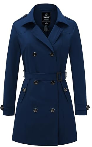 Wantdo Femme Trench-Coat à Double Boutonnage Ceinture Coupe-Vent à Bouton Veste Coupe Ajustée Manteaux Epaulettes d'Epaule Bleu foncé-2X 42