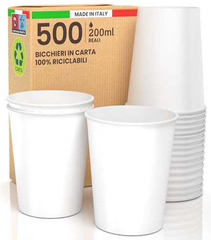 500 Bicchieri in Carta 200ml Ecologici Biodegradabili Monouso Made in Italy Asporto Bevande Calde Acqua - Prodotto e confezionato in Italia