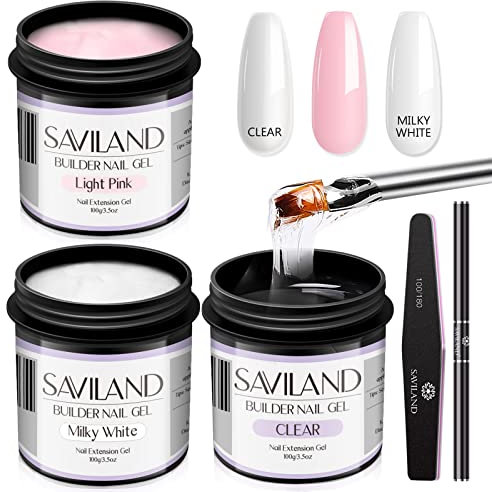 Saviland 3 STÜCKE Aufbaugel Kit – 3.53Unzen Klares & Hellrosa & Milchig Weißes Hartgel für Nägel Kit mit Gel-NagelPinsel Großes Fassungsvermögen Soak-Off U V Nagelgel für Nagelverlängerung & Reparatur